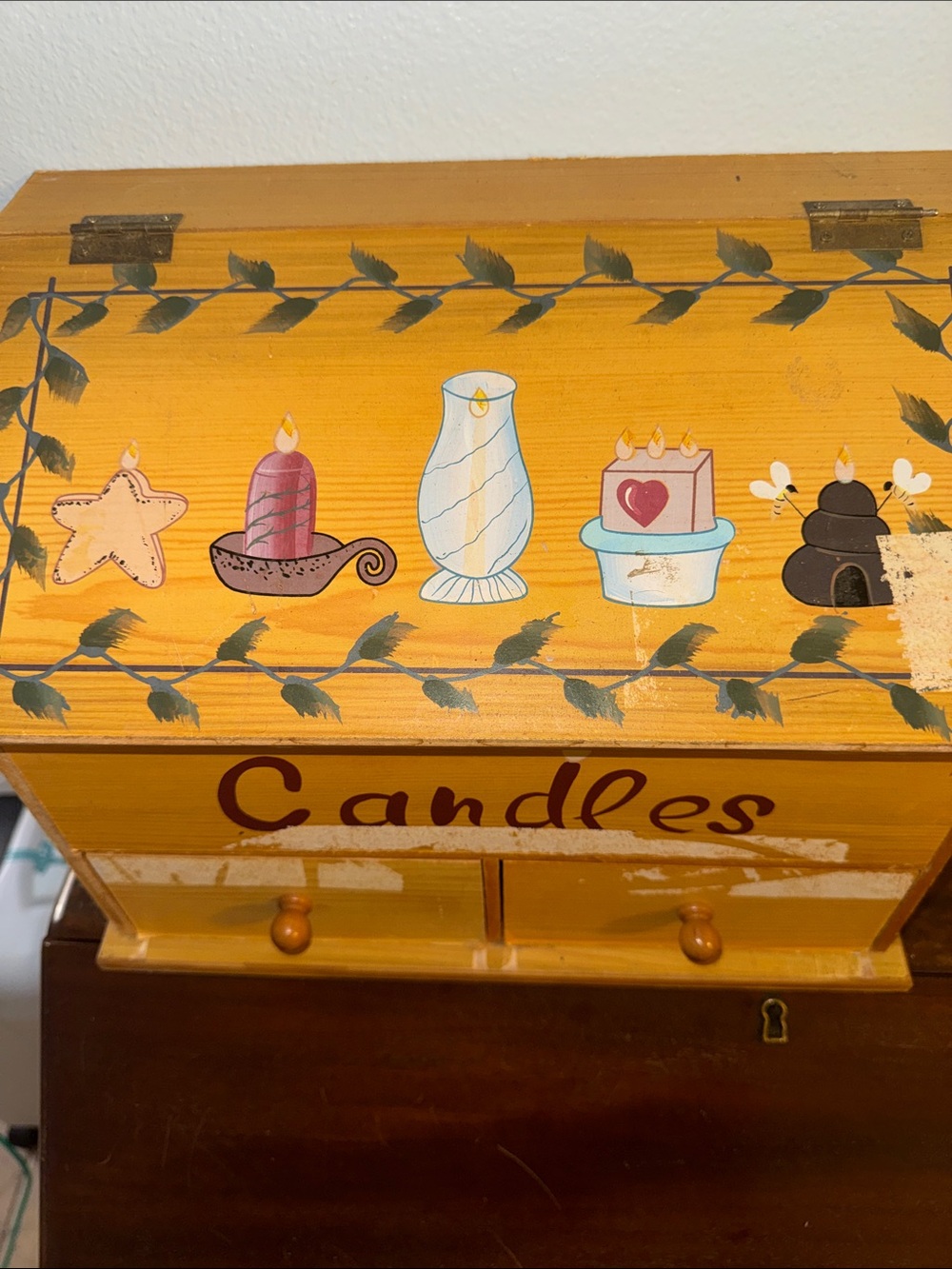 Hand-Painted Candle Wooden Storage Box Farmhouse Country Folk-Art - Picture 2 of 8